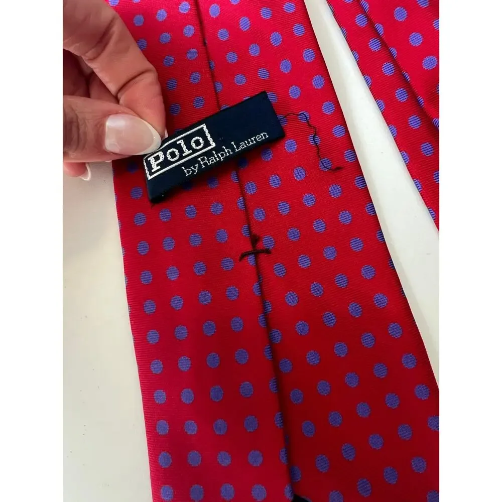 Vintage Polo Silk Men's Neck Tie Wide Red with Blue Polka Dots SG